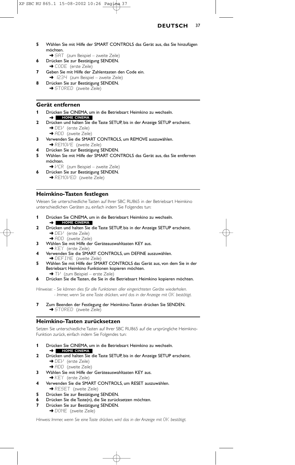 Gerät entfernen, Heimkino-tasten festlegen, Heimkino-tasten zurücksetzen | Philips SBC RU 865/00 User Manual | Page 37 / 120