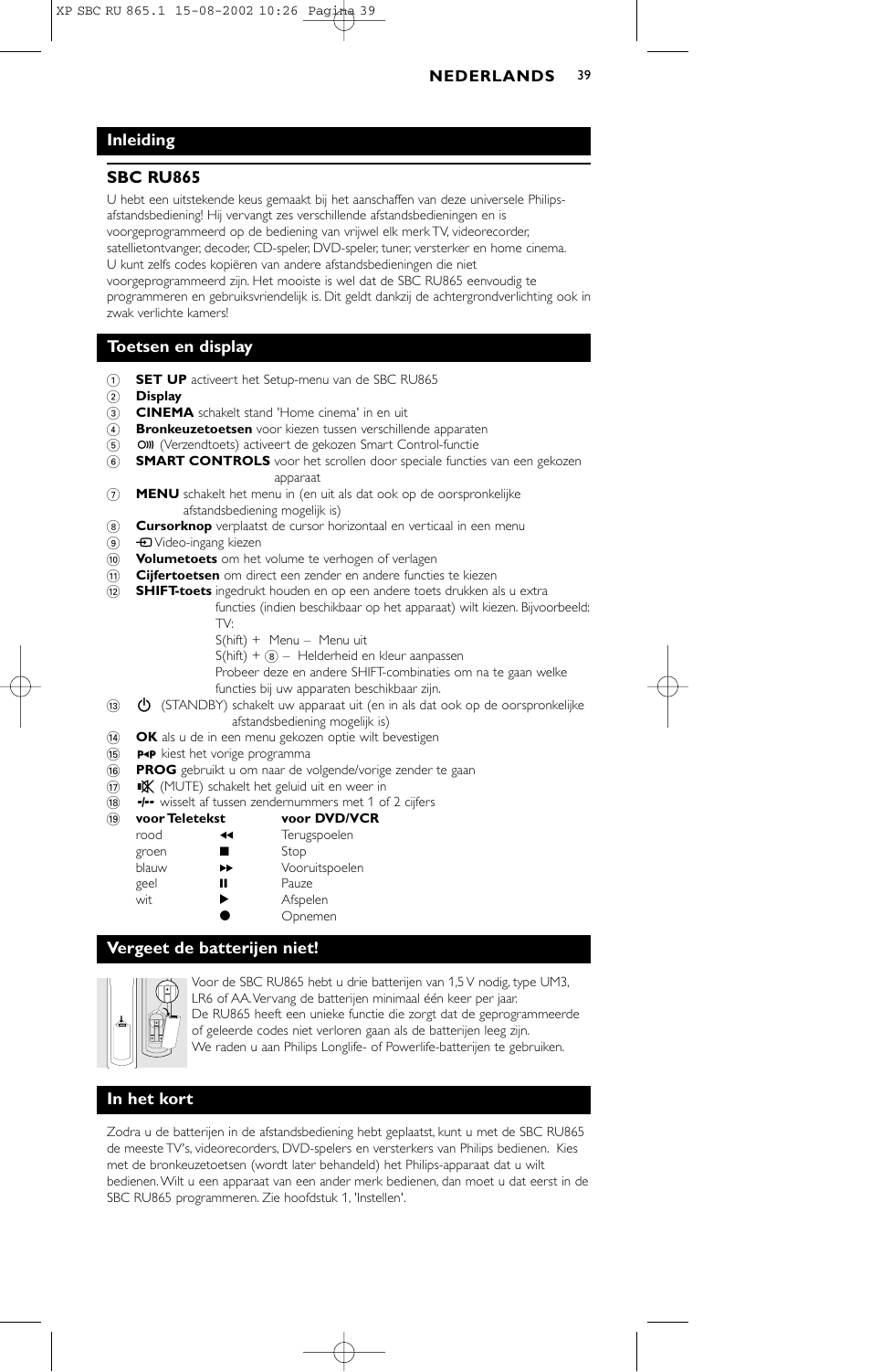 Inleiding sbc ru865, Toetsen en display, Vergeet de batterijen niet | Philips SBC RU 865/00 User Manual | Page 39 / 120