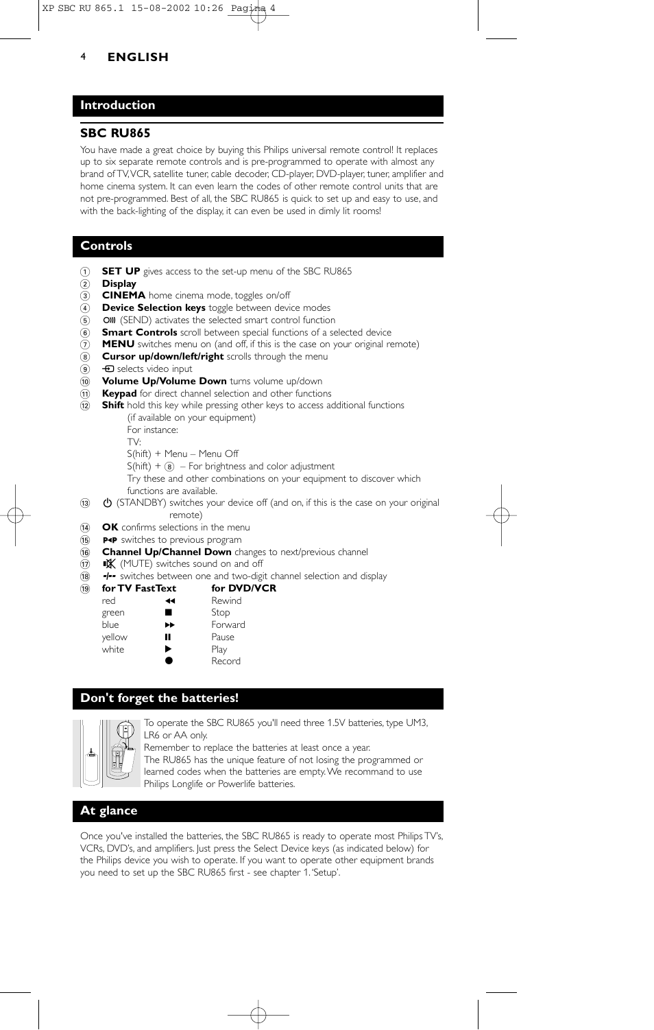 Introduction sbc ru865, Controls, Don't forget the batteries | At glance | Philips SBC RU 865/00 User Manual | Page 4 / 120