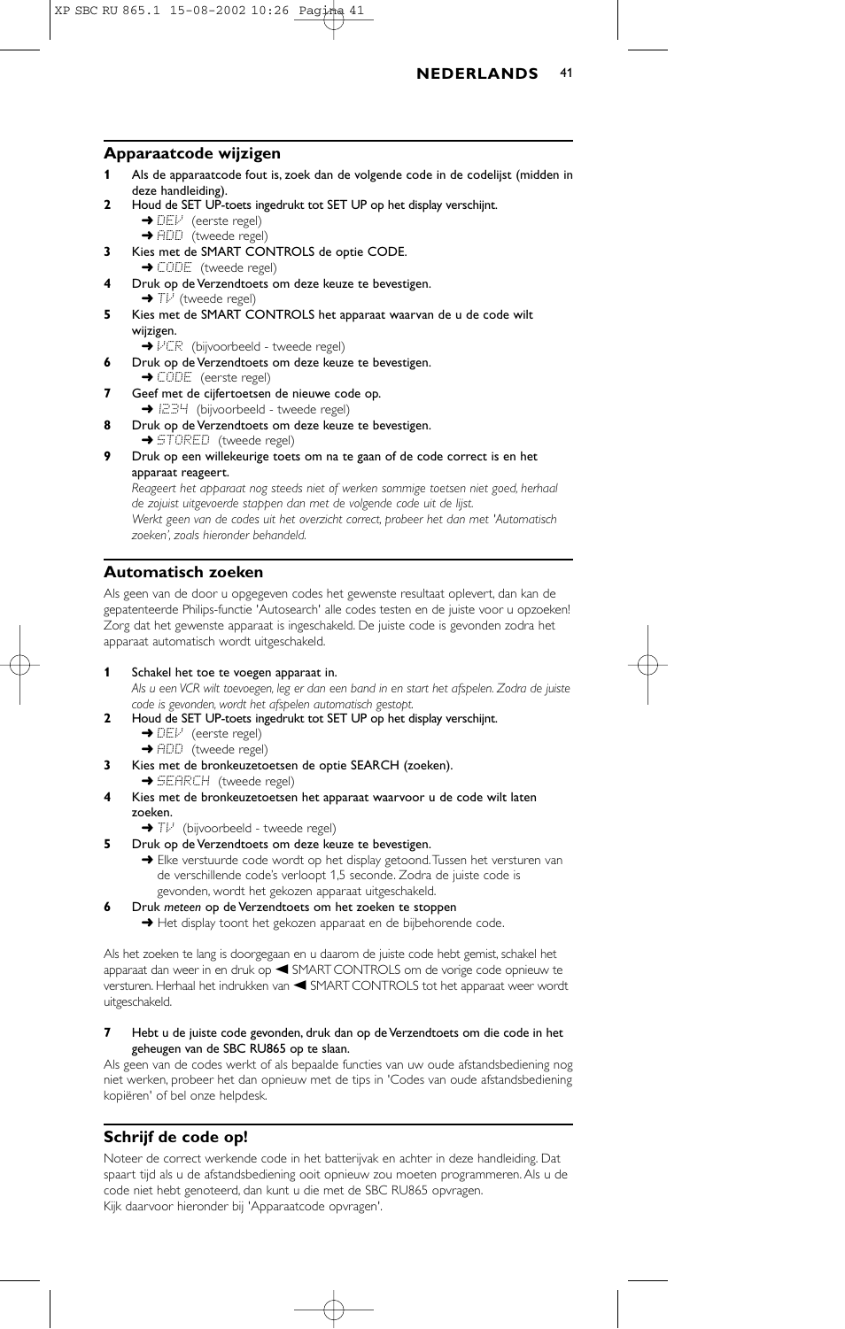 Apparaatcode wijzigen, Automatisch zoeken, Schrijf de code op | Philips SBC RU 865/00 User Manual | Page 41 / 120