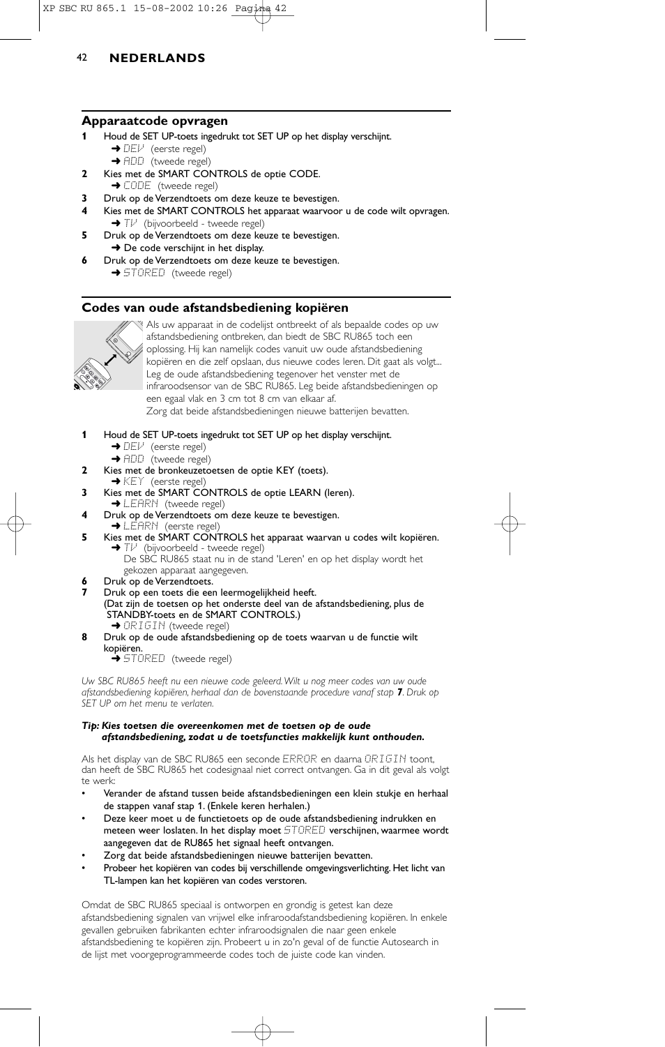 Apparaatcode opvragen, Codes van oude afstandsbediening kopiëren | Philips SBC RU 865/00 User Manual | Page 42 / 120