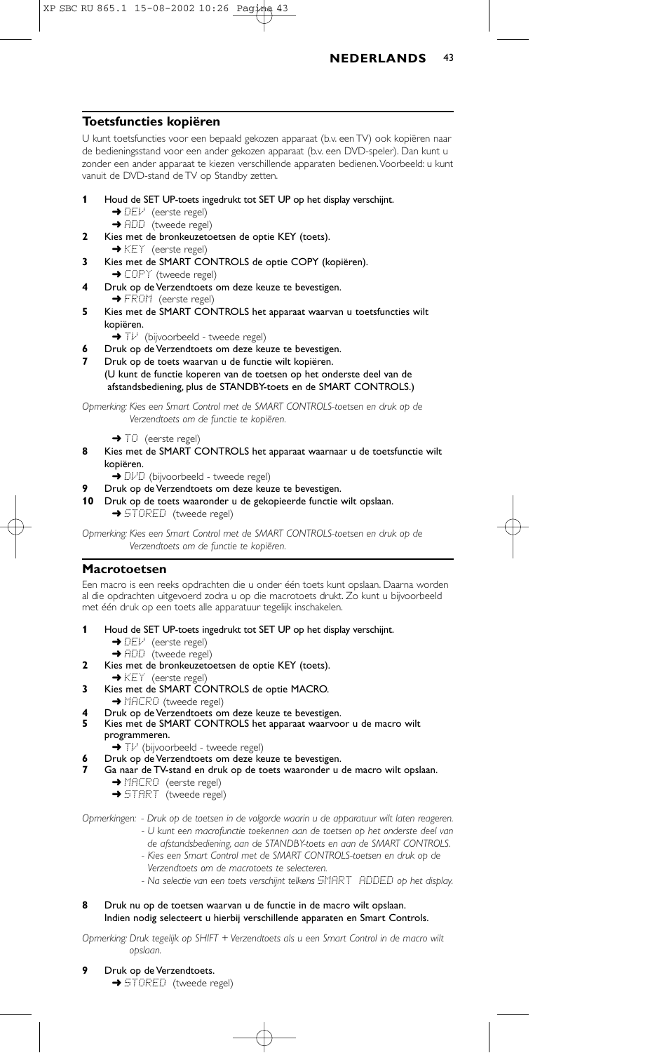 Toetsfuncties kopiëren, Macrotoetsen | Philips SBC RU 865/00 User Manual | Page 43 / 120