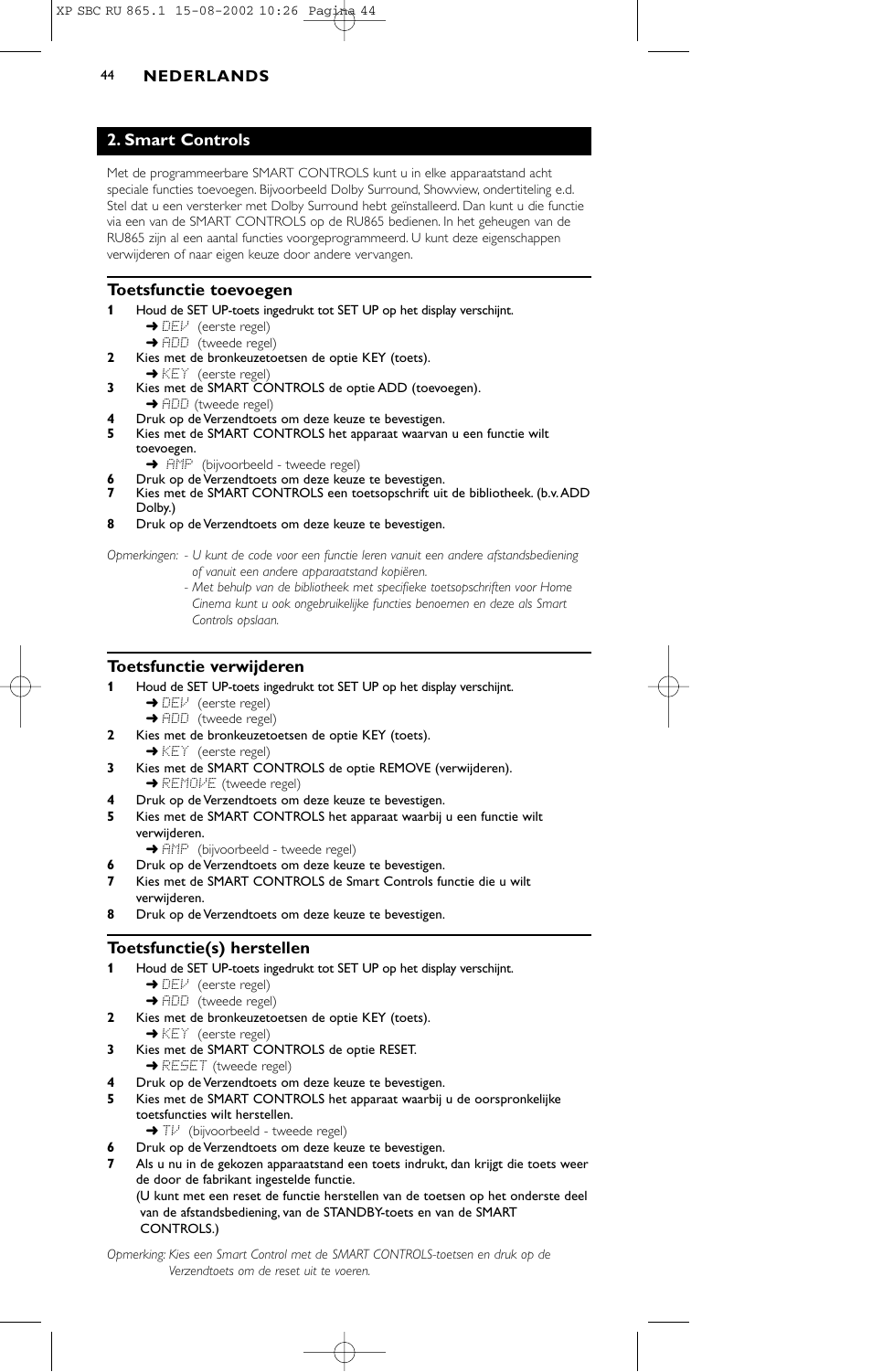 Smart controls, Toetsfunctie toevoegen, Toetsfunctie verwijderen | Toetsfunctie(s) herstellen | Philips SBC RU 865/00 User Manual | Page 44 / 120