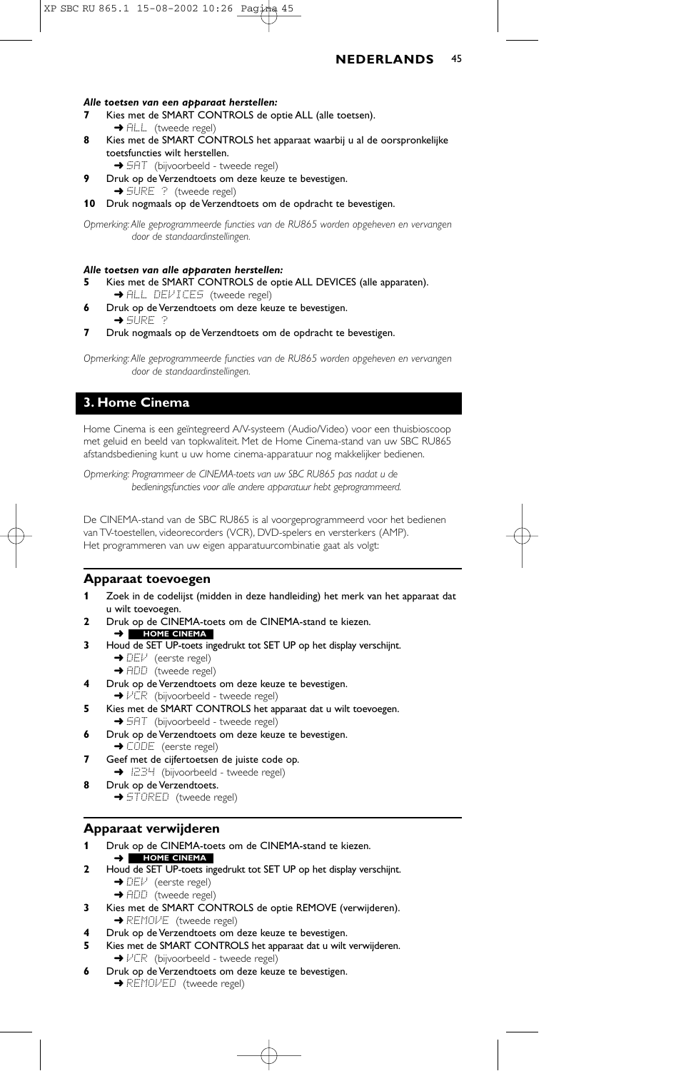 Home cinema, Apparaat toevoegen, Apparaat verwijderen | Philips SBC RU 865/00 User Manual | Page 45 / 120