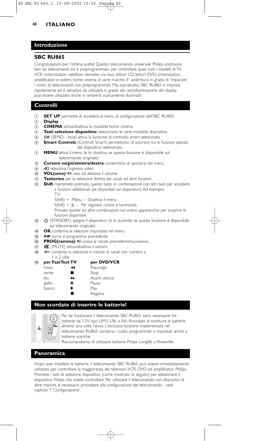 Introduzione sbc ru865, Controlli, Non scordate di inserire le batterie | Panoramica | Philips SBC RU 865/00 User Manual | Page 48 / 120
