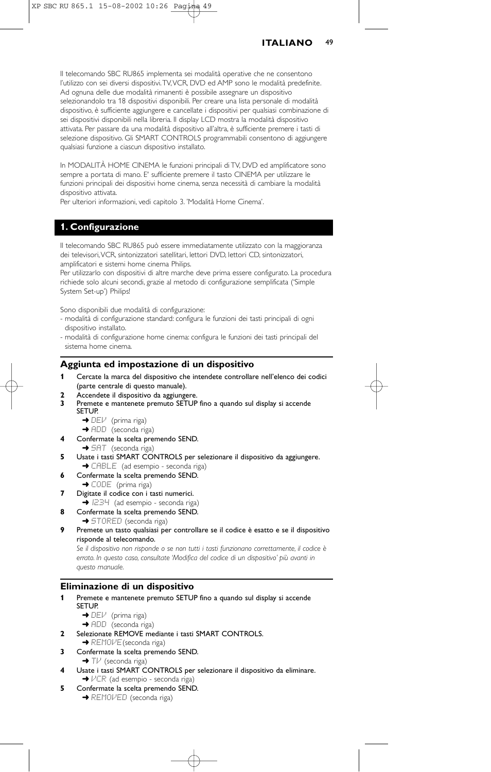 Configurazione, Aggiunta ed impostazione di un dispositivo, Eliminazione di un dispositivo | Philips SBC RU 865/00 User Manual | Page 49 / 120
