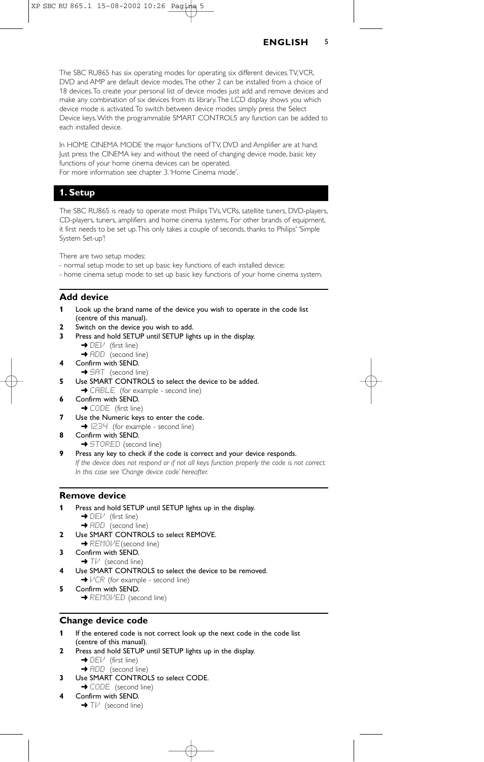 Setup, Add device, Remove device | Change device code | Philips SBC RU 865/00 User Manual | Page 5 / 120