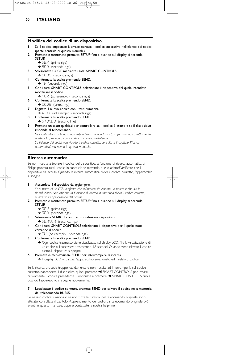 Modifica del codice di un dispositivo, Ricerca automatica | Philips SBC RU 865/00 User Manual | Page 50 / 120
