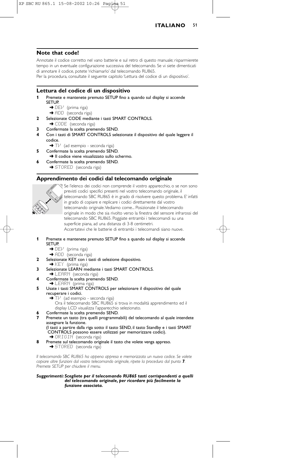 Lettura del codice di un dispositivo, Apprendimento dei codici dal telecomando originale | Philips SBC RU 865/00 User Manual | Page 51 / 120