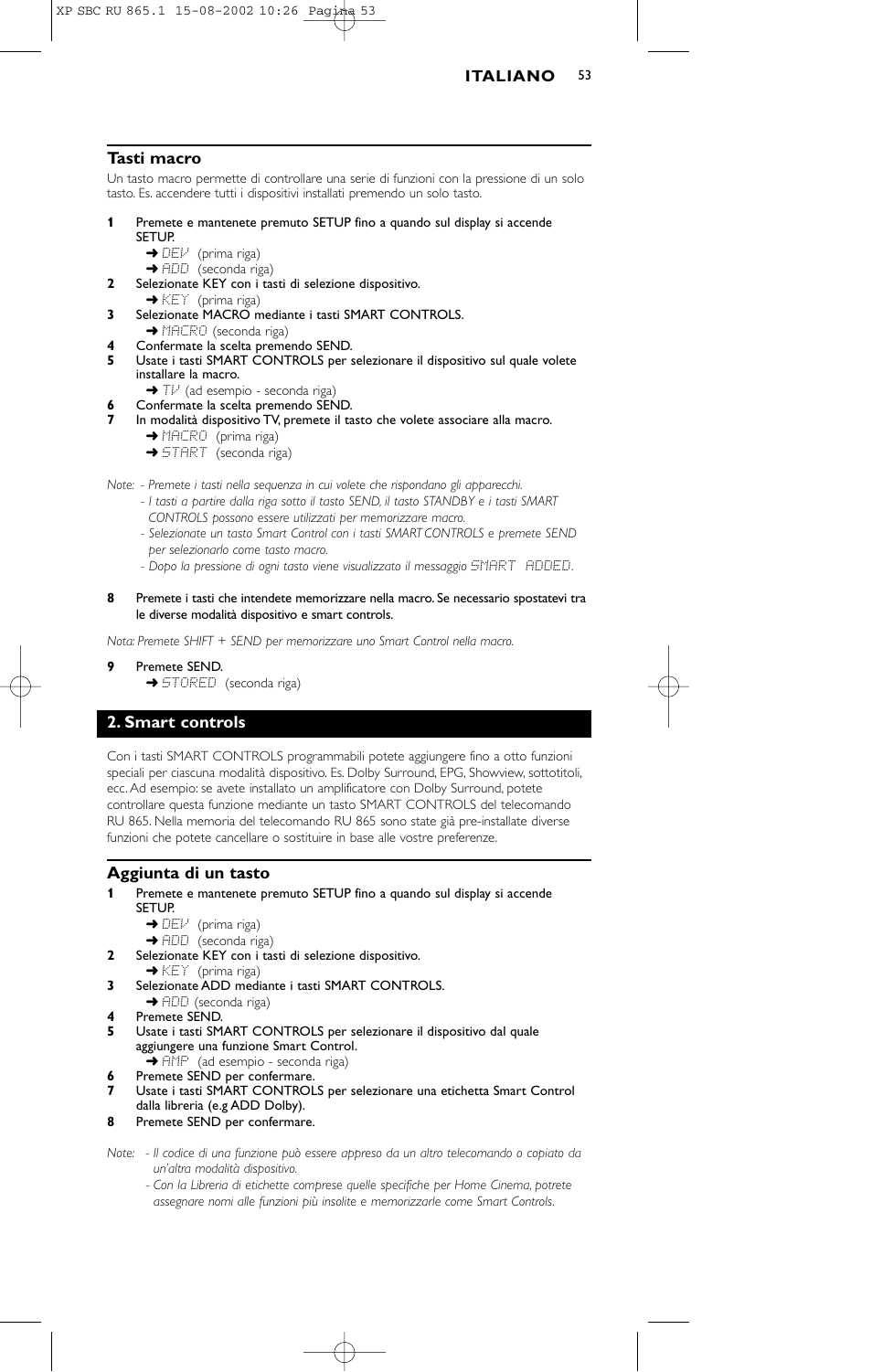 Tasti macro, Smart controls, Aggiunta di un tasto | Philips SBC RU 865/00 User Manual | Page 53 / 120