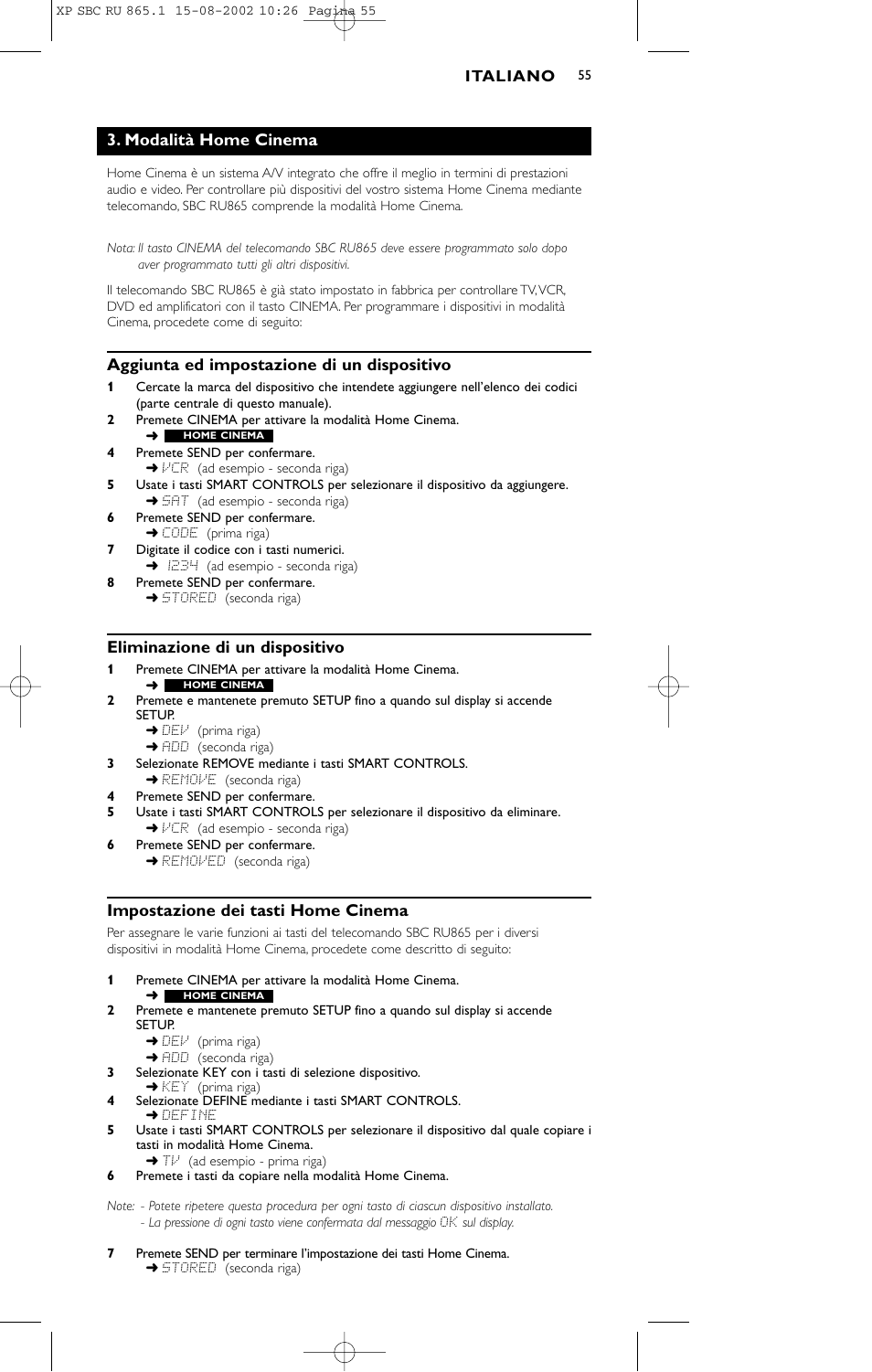 Modalità home cinema, Aggiunta ed impostazione di un dispositivo, Eliminazione di un dispositivo | Impostazione dei tasti home cinema | Philips SBC RU 865/00 User Manual | Page 55 / 120