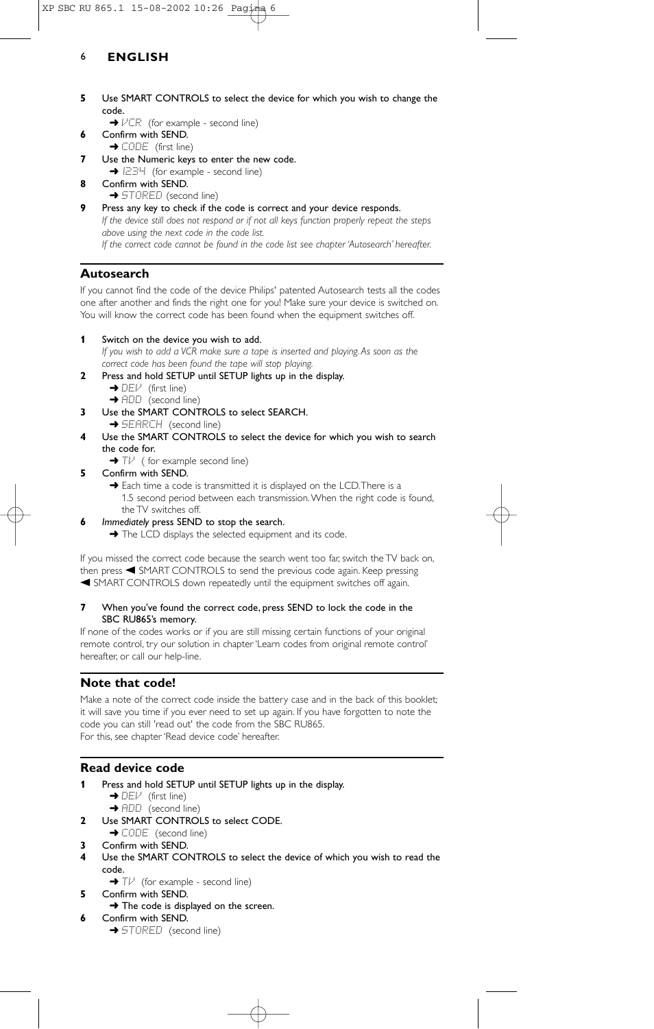 Autosearch, Read device code | Philips SBC RU 865/00 User Manual | Page 6 / 120