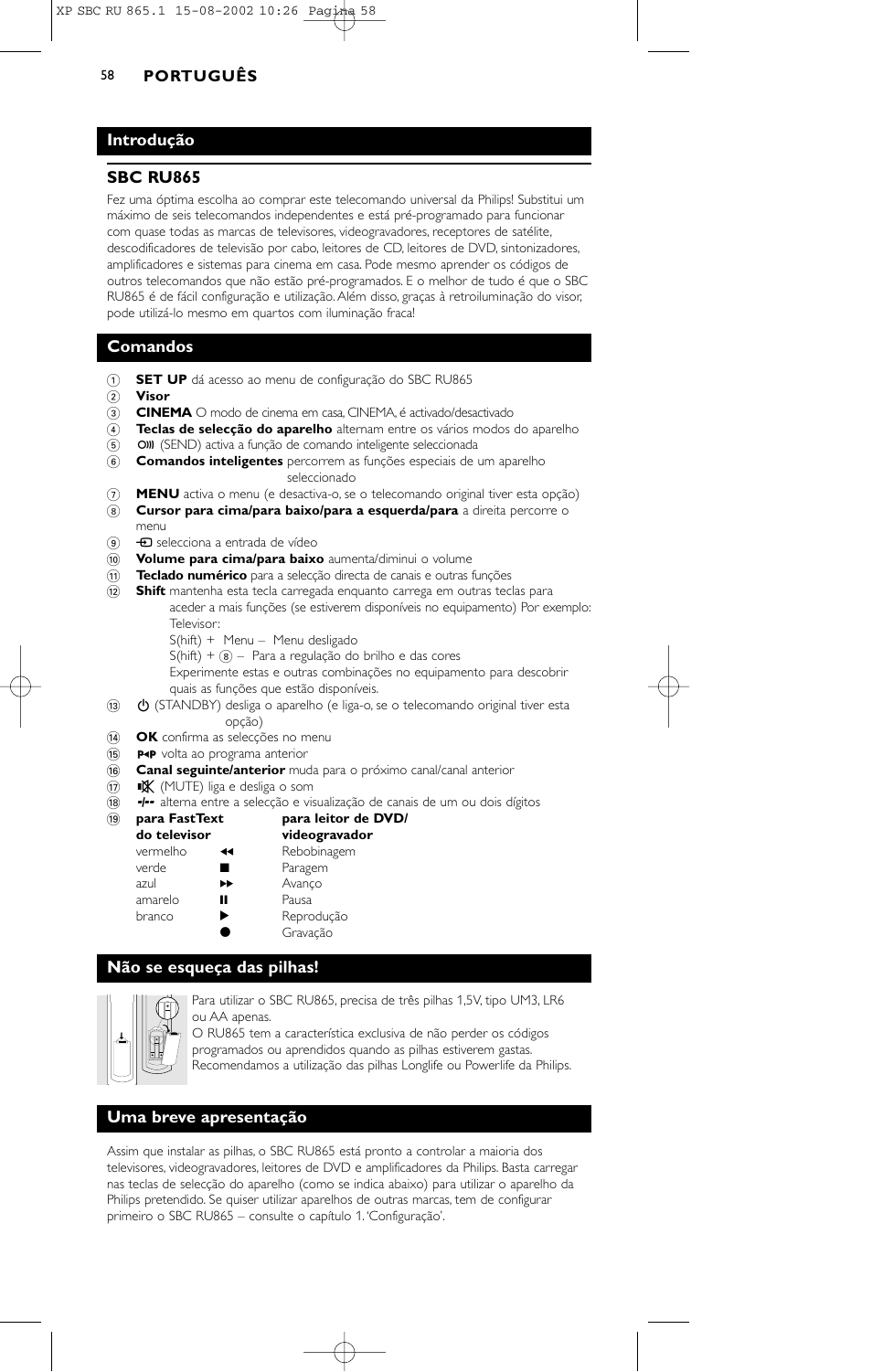 Introdução sbc ru865, Comandos, Não se esqueça das pilhas | Uma breve apresentação | Philips SBC RU 865/00 User Manual | Page 66 / 120