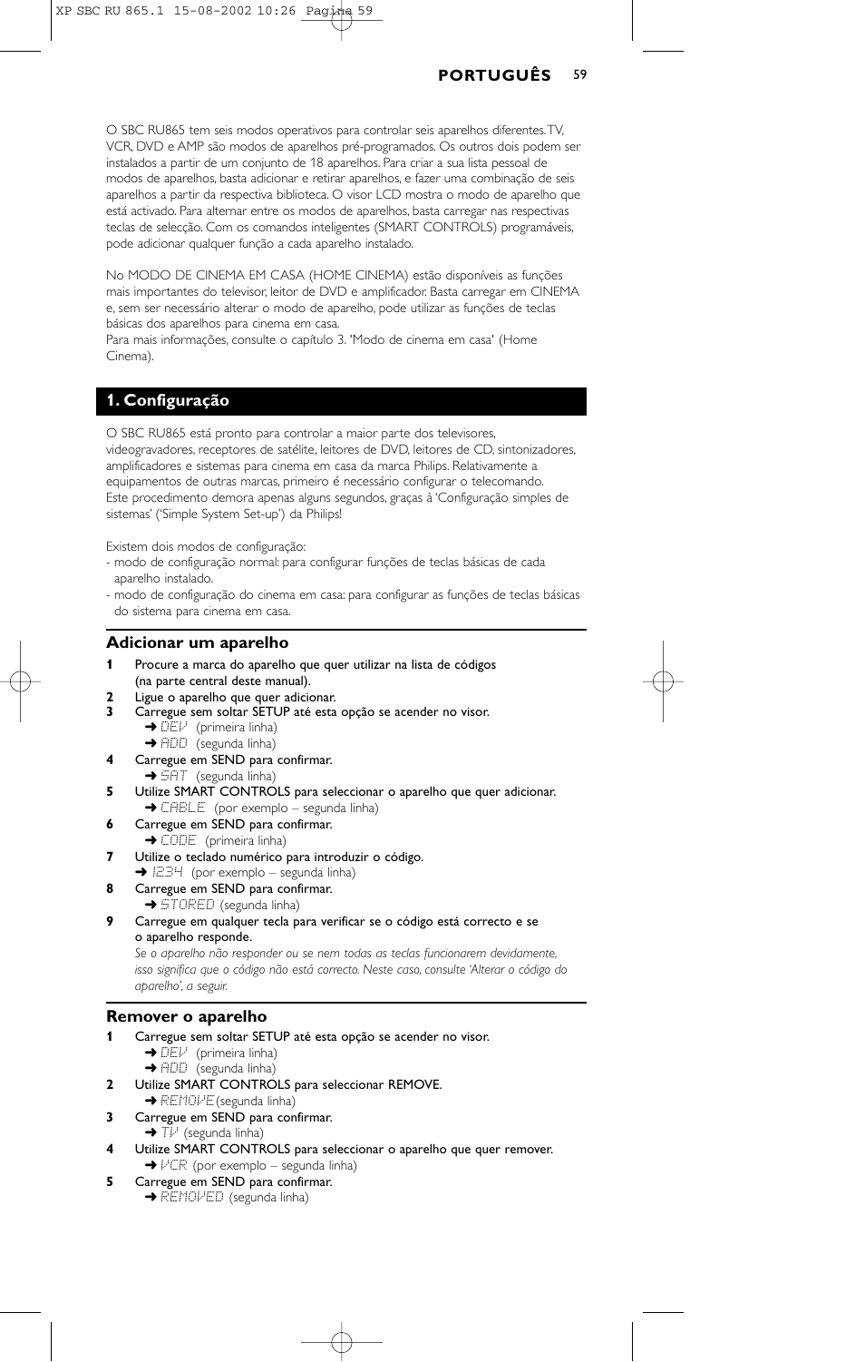 Configuração, Adicionar um aparelho, Remover o aparelho | Philips SBC RU 865/00 User Manual | Page 67 / 120