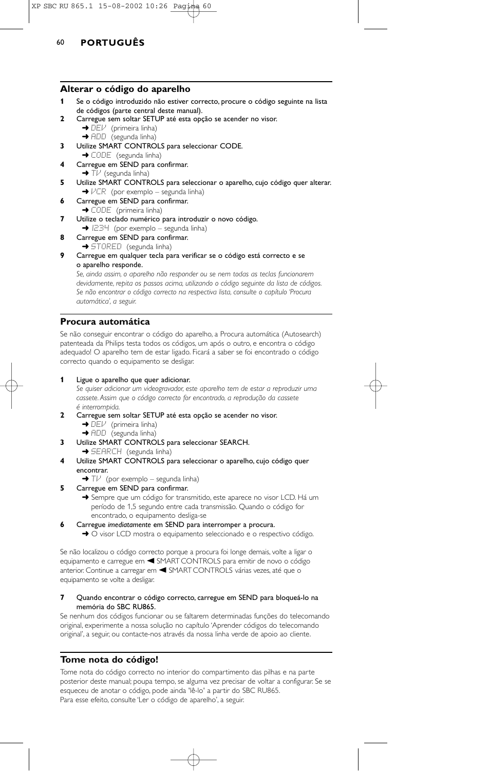 Alterar o código do aparelho, Procura automática, Tome nota do código | Philips SBC RU 865/00 User Manual | Page 68 / 120