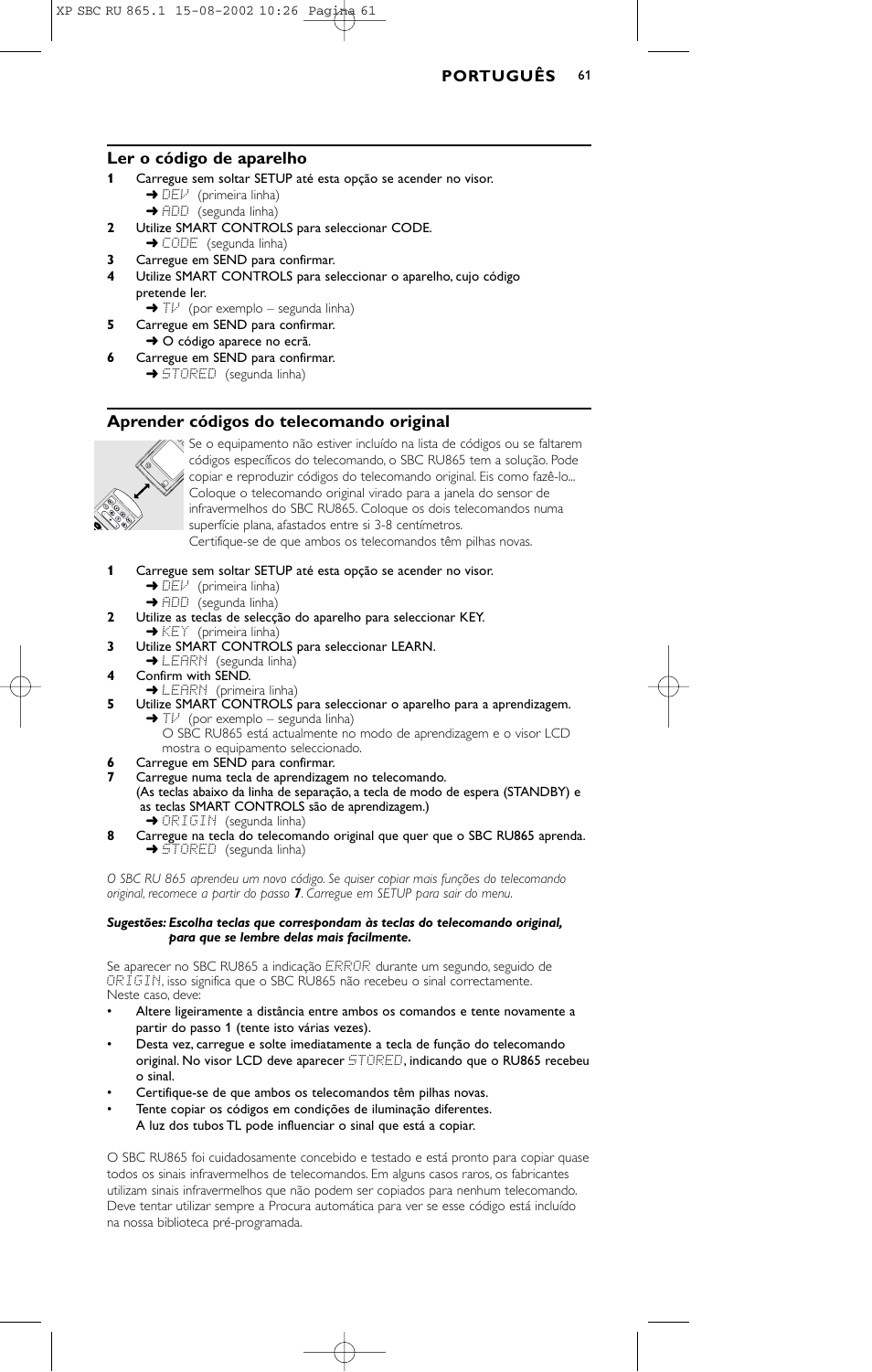 Ler o código de aparelho, Aprender códigos do telecomando original | Philips SBC RU 865/00 User Manual | Page 69 / 120