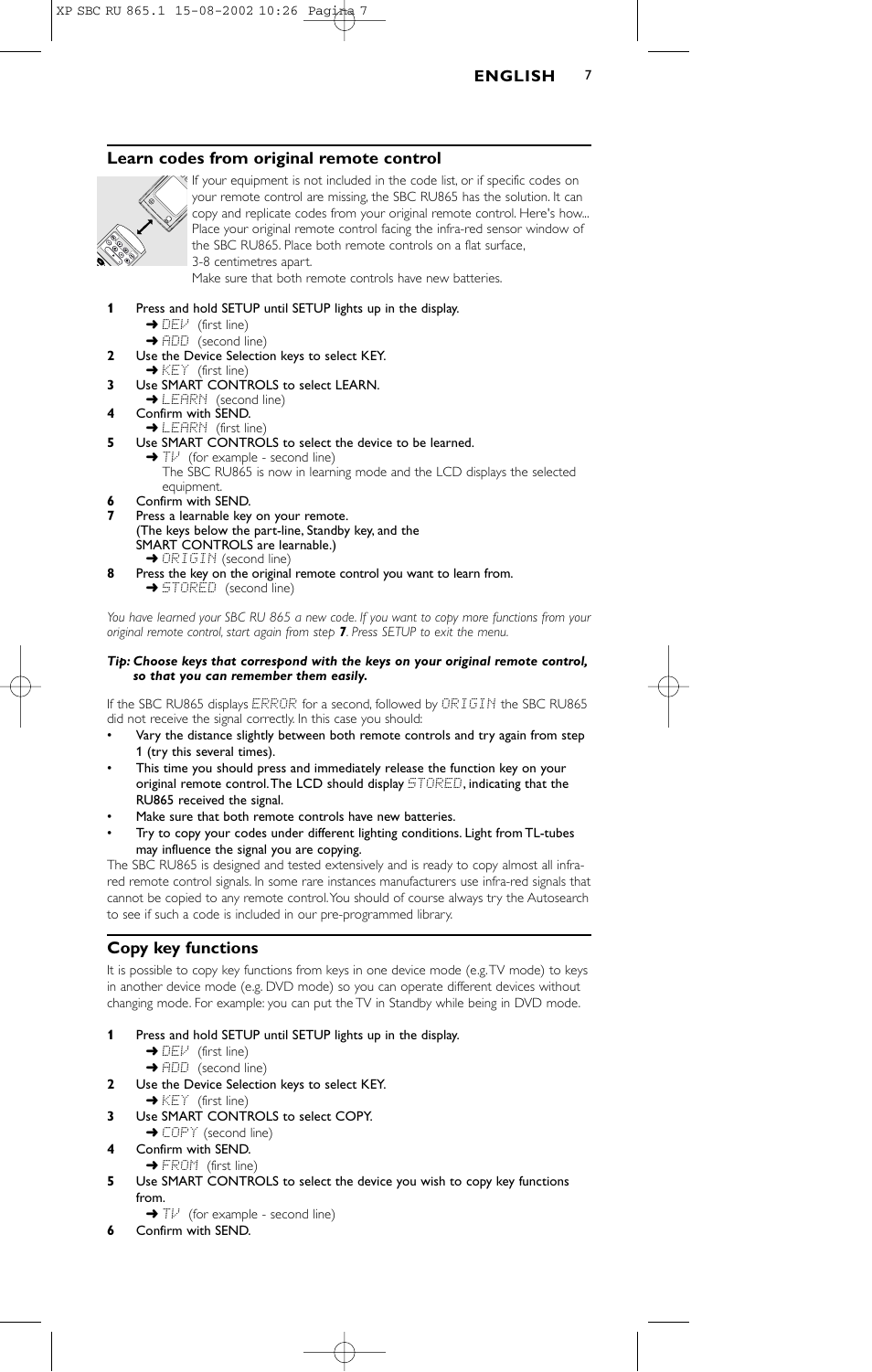 Learn codes from original remote control, Copy key functions | Philips SBC RU 865/00 User Manual | Page 7 / 120