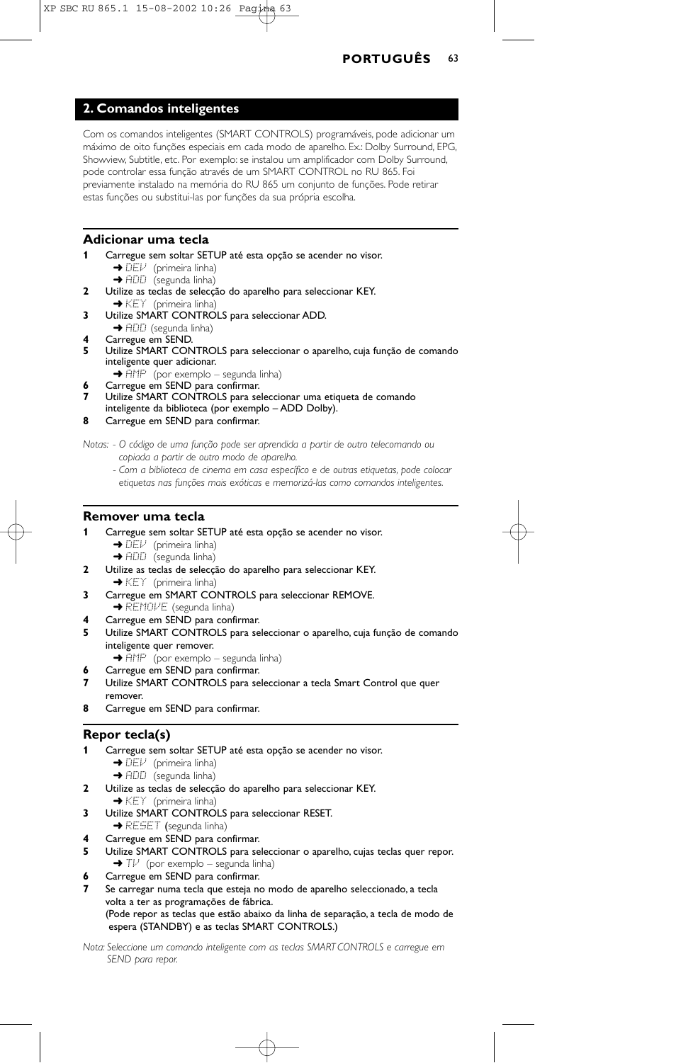 Comandos inteligentes, Adicionar uma tecla, Remover uma tecla | Repor tecla(s) | Philips SBC RU 865/00 User Manual | Page 71 / 120