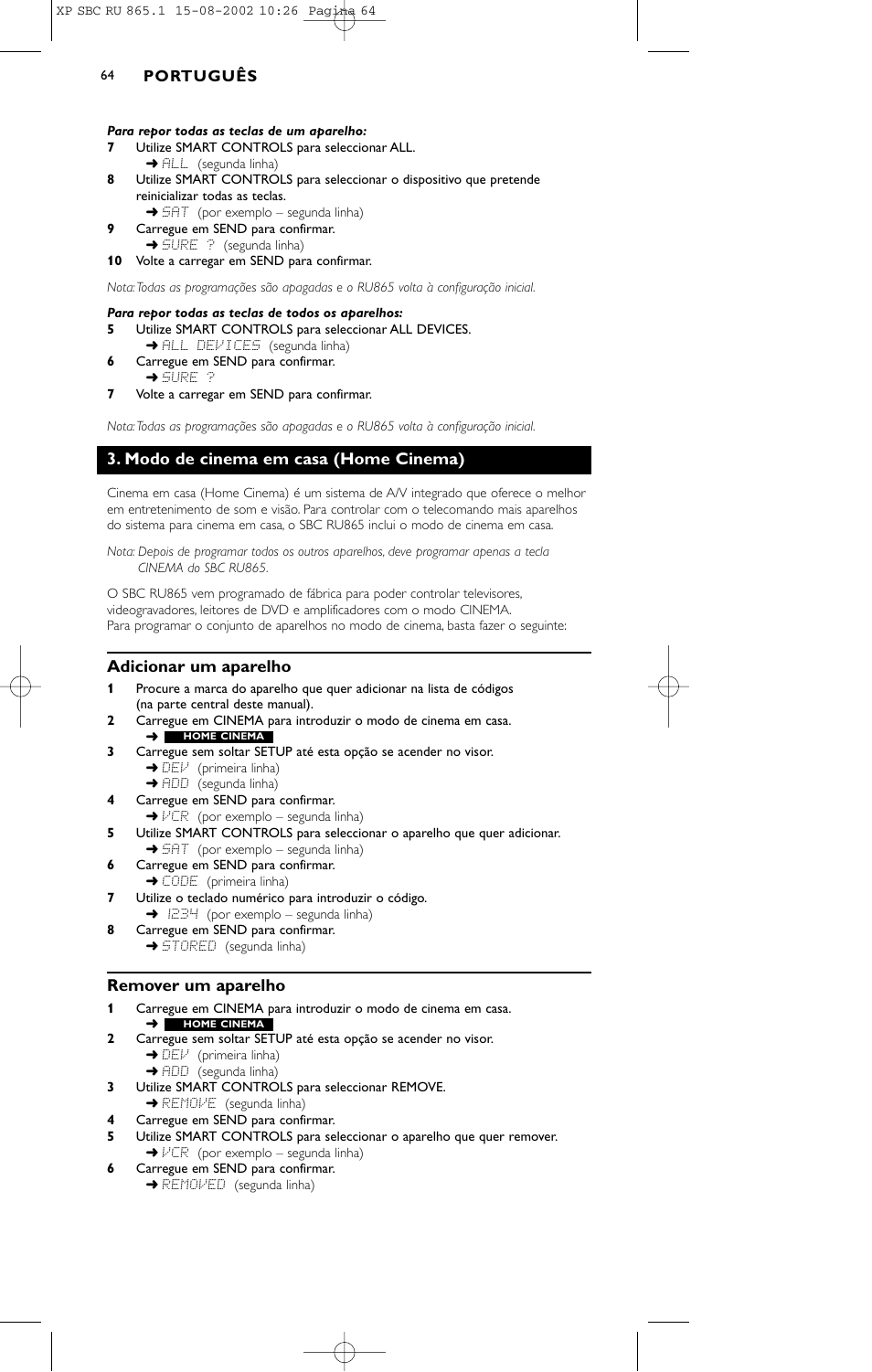 Modo de cinema em casa (home cinema), Adicionar um aparelho, Remover um aparelho | Philips SBC RU 865/00 User Manual | Page 72 / 120