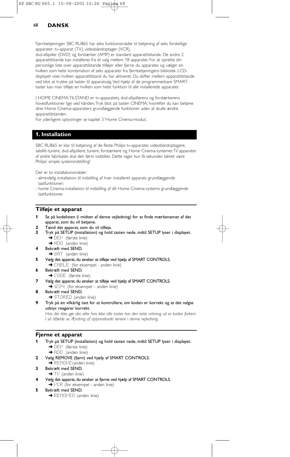 Installation, Tilføje et apparat, Fjerne et apparat | Philips SBC RU 865/00 User Manual | Page 76 / 120