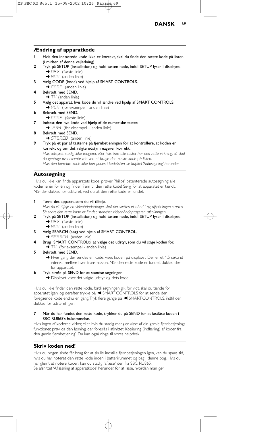 Ændring af apparatkode, Autosøgning, Skriv koden ned | Philips SBC RU 865/00 User Manual | Page 77 / 120