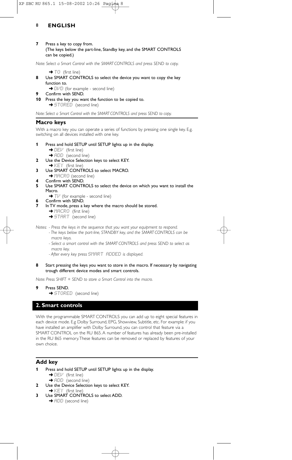 Macro keys, Smart controls, Add key | Philips SBC RU 865/00 User Manual | Page 8 / 120