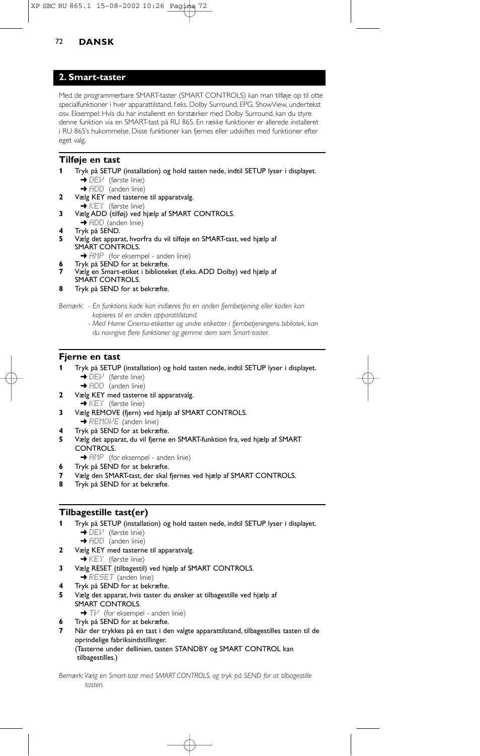 Smart-taster, Tilføje en tast, Fjerne en tast | Tilbagestille tast(er) | Philips SBC RU 865/00 User Manual | Page 80 / 120