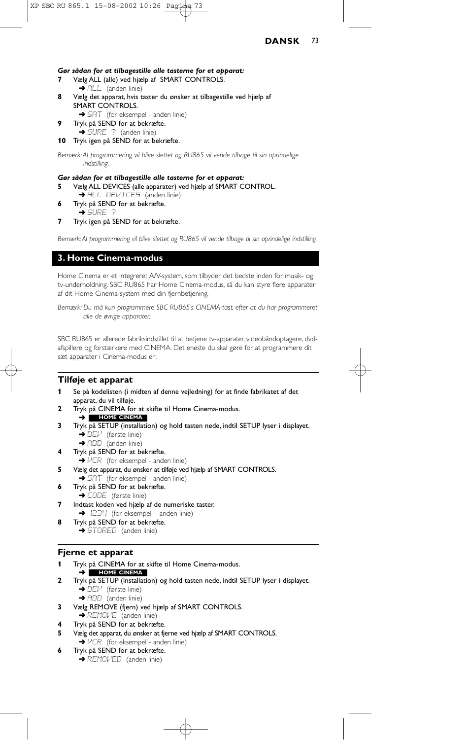 Home cinema-modus, Tilføje et apparat, Fjerne et apparat | Philips SBC RU 865/00 User Manual | Page 81 / 120