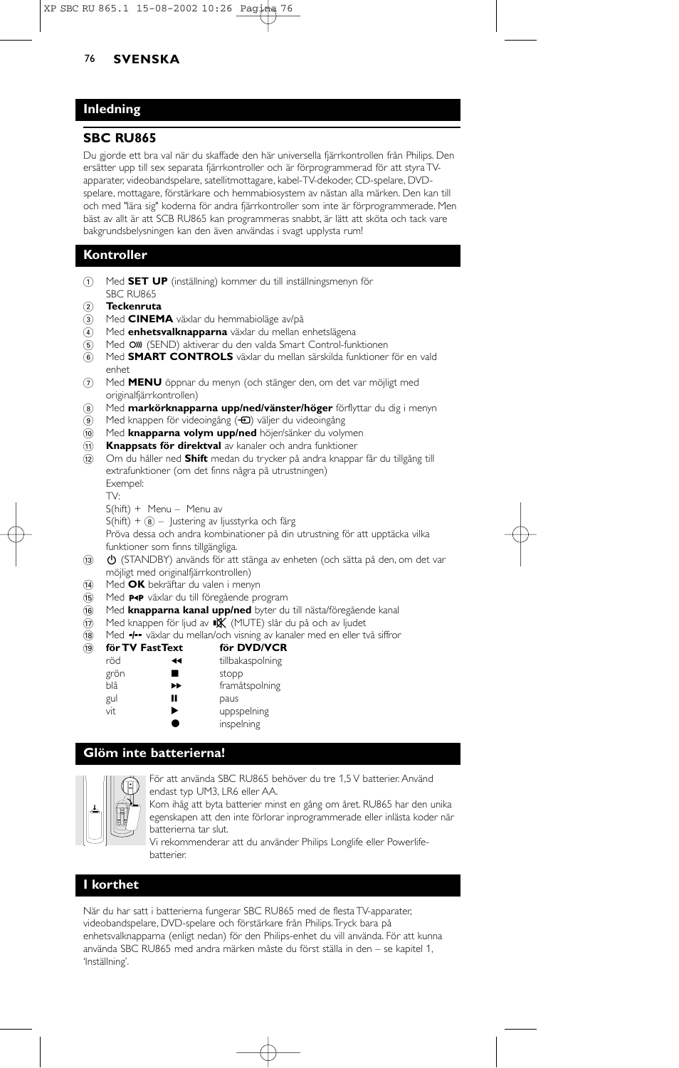 Inledning sbc ru865, Kontroller, Glöm inte batterierna | I korthet | Philips SBC RU 865/00 User Manual | Page 84 / 120