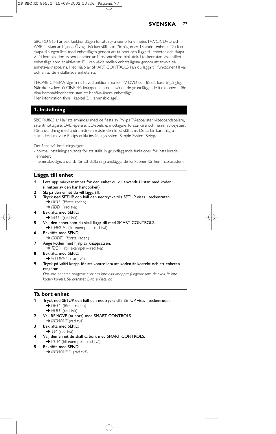 Inställning, Lägga till enhet, Ta bort enhet | Philips SBC RU 865/00 User Manual | Page 85 / 120