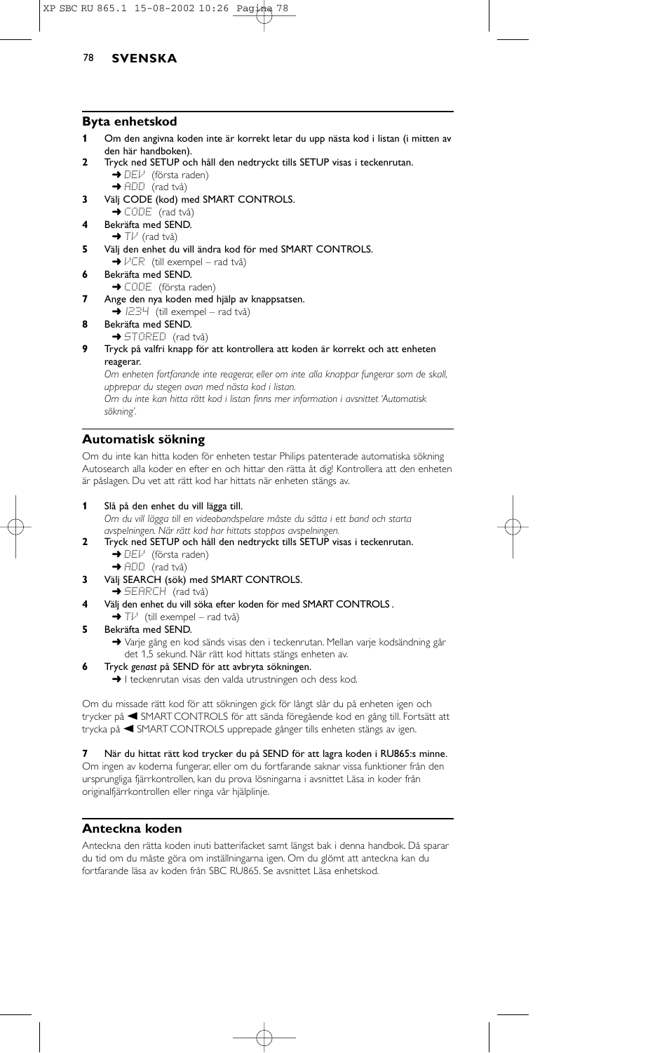 Byta enhetskod, Automatisk sökning, Anteckna koden | Philips SBC RU 865/00 User Manual | Page 86 / 120