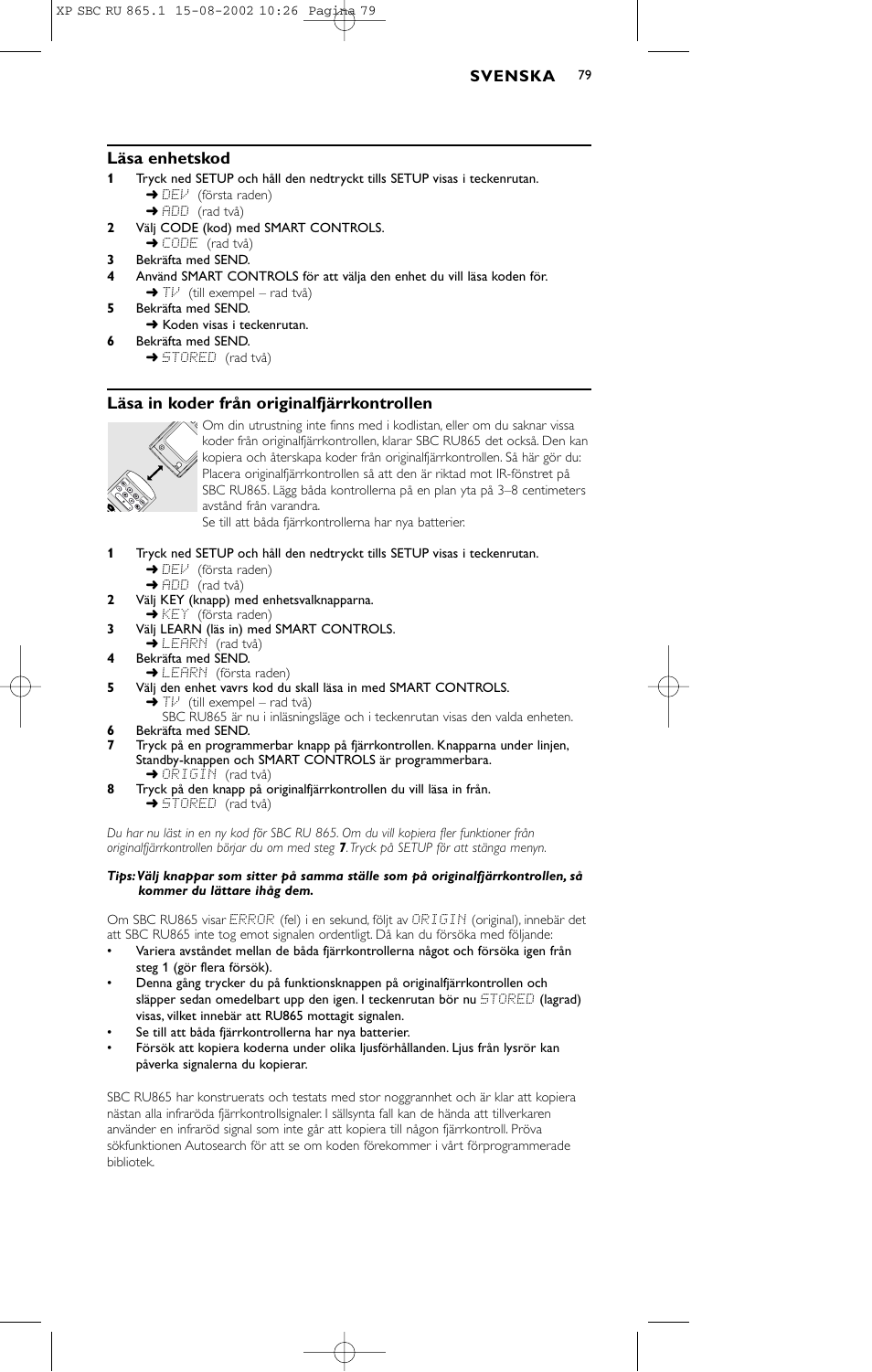 Läsa enhetskod, Läsa in koder från originalfjärrkontrollen | Philips SBC RU 865/00 User Manual | Page 87 / 120