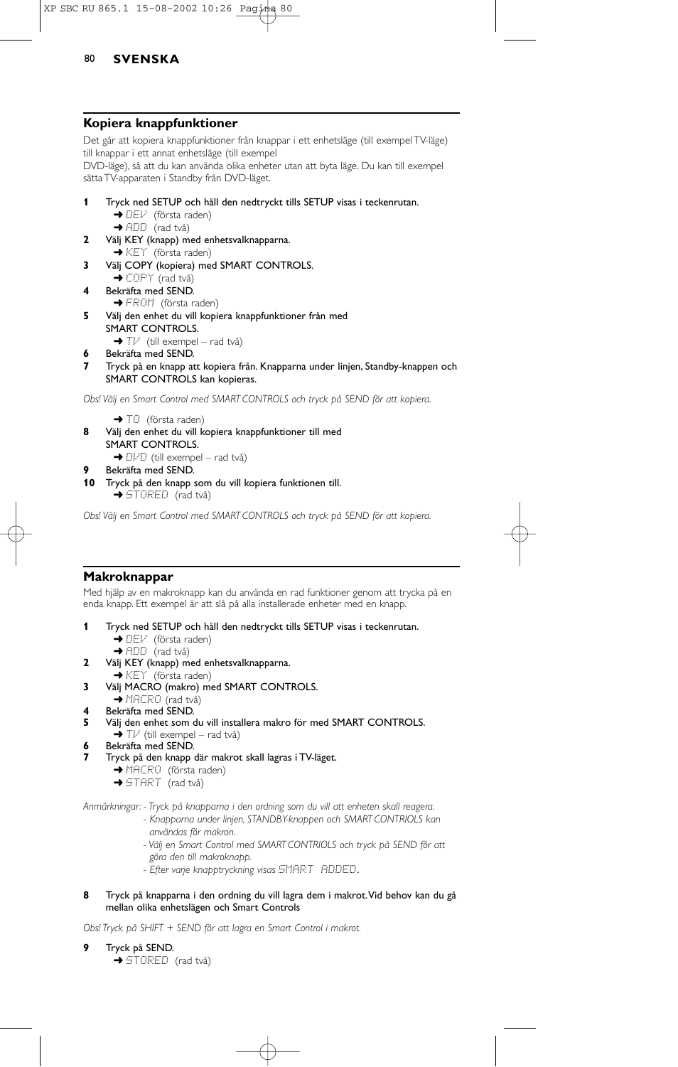 Kopiera knappfunktioner, Makroknappar | Philips SBC RU 865/00 User Manual | Page 88 / 120