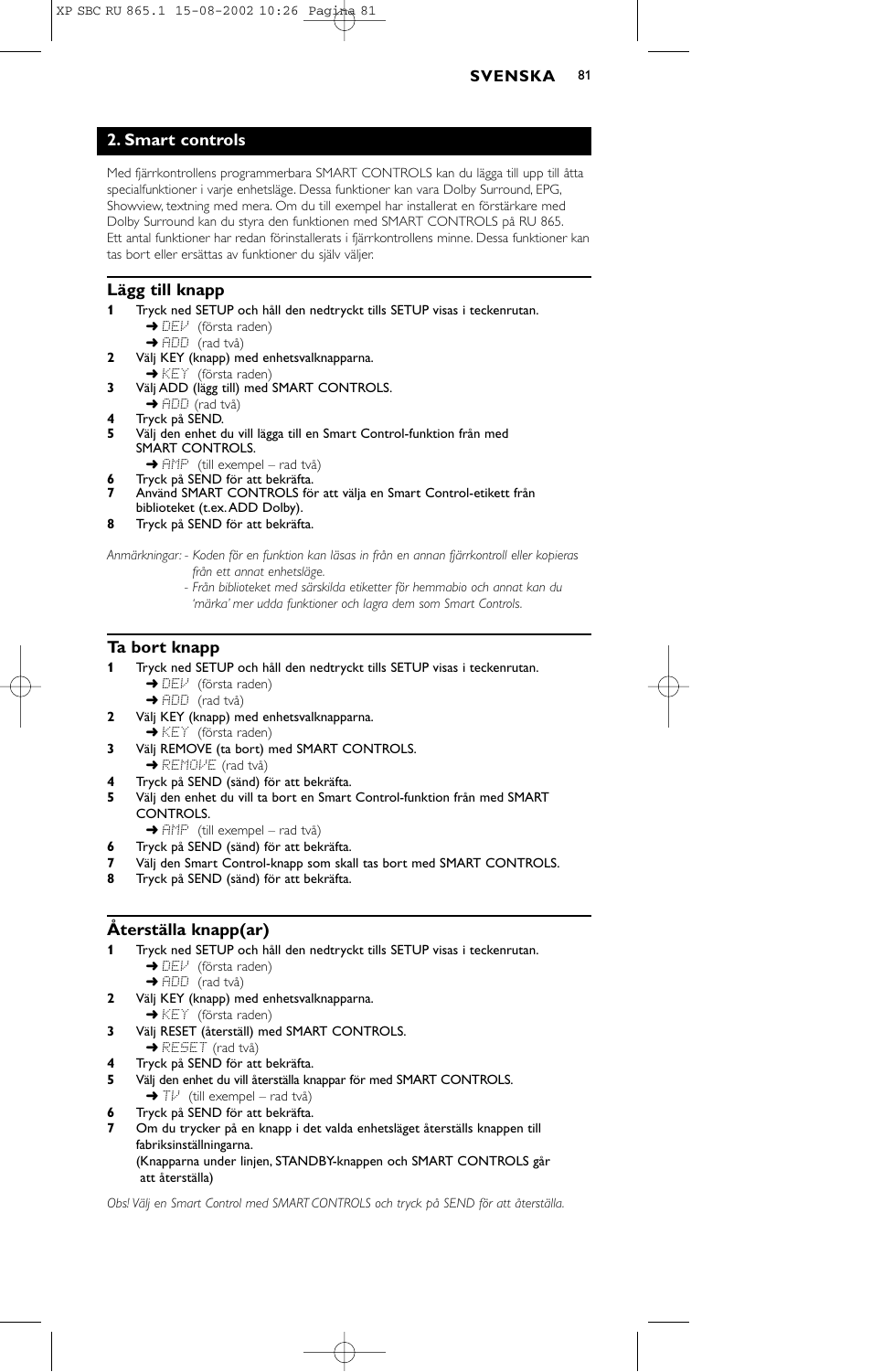 Smart controls, Lägg till knapp, Ta bort knapp | Återställa knapp(ar) | Philips SBC RU 865/00 User Manual | Page 89 / 120