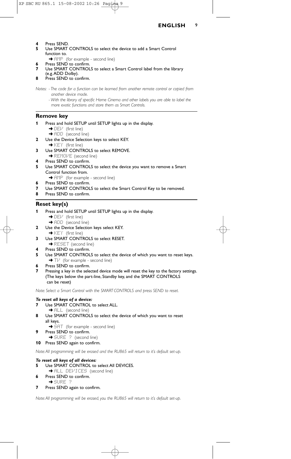 Remove key, Reset key(s) | Philips SBC RU 865/00 User Manual | Page 9 / 120