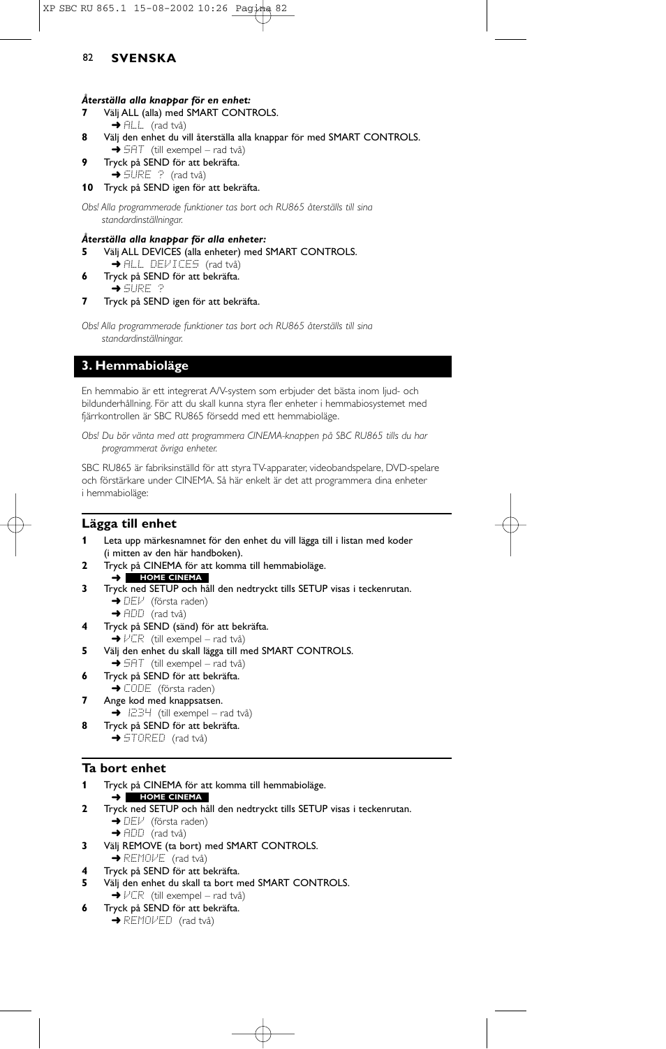 Hemmabioläge, Lägga till enhet, Ta bort enhet | Philips SBC RU 865/00 User Manual | Page 90 / 120
