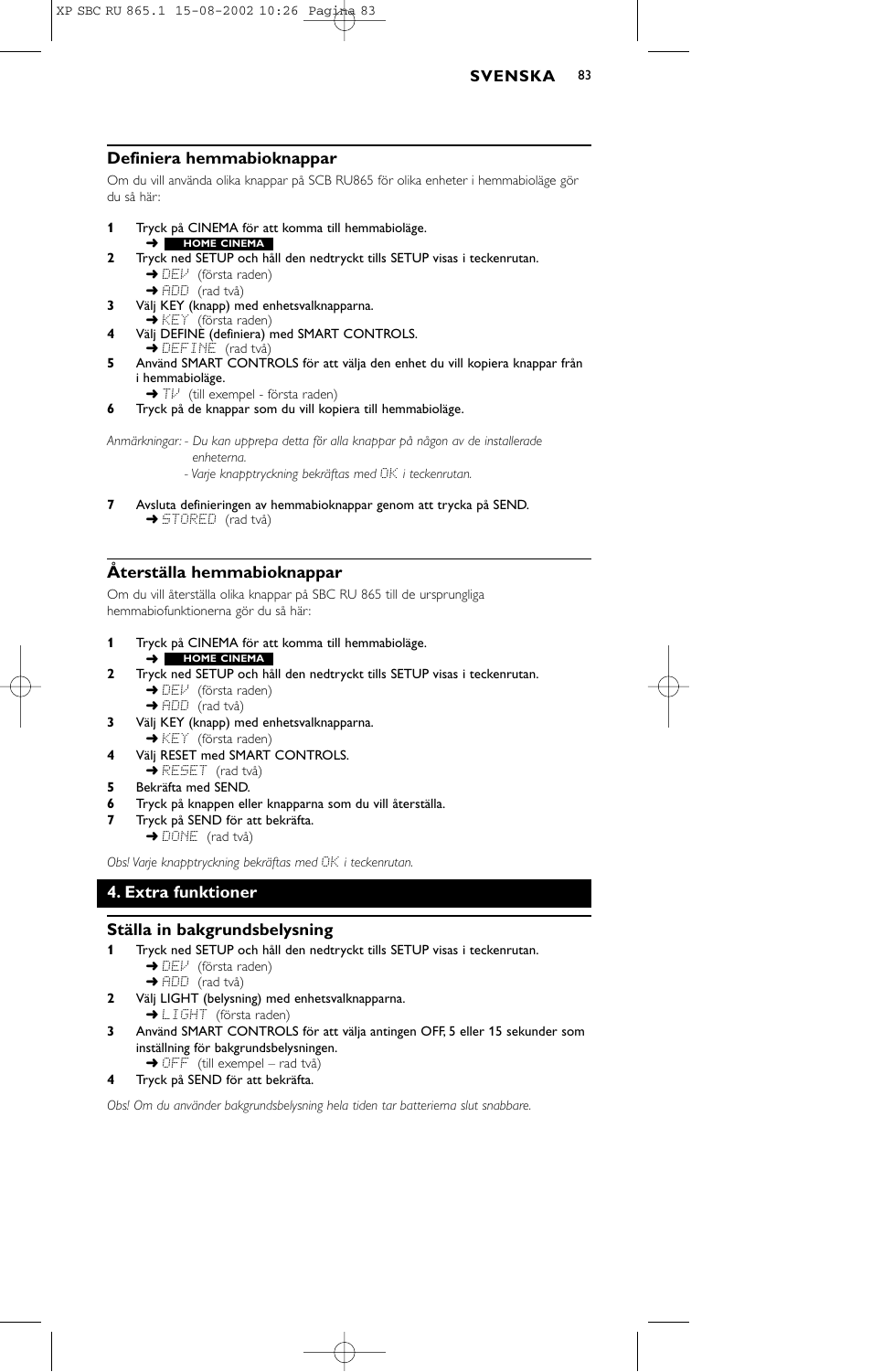 Definiera hemmabioknappar, Återställa hemmabioknappar, Extra funktioner ställa in bakgrundsbelysning | Philips SBC RU 865/00 User Manual | Page 91 / 120