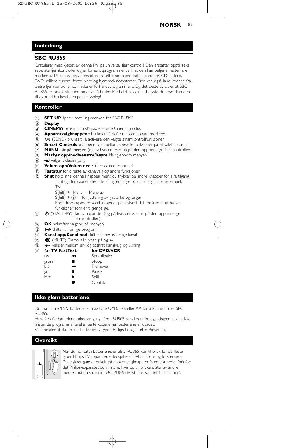 Innledning sbc ru865, Kontroller, Ikke glem batteriene | Oversikt | Philips SBC RU 865/00 User Manual | Page 93 / 120