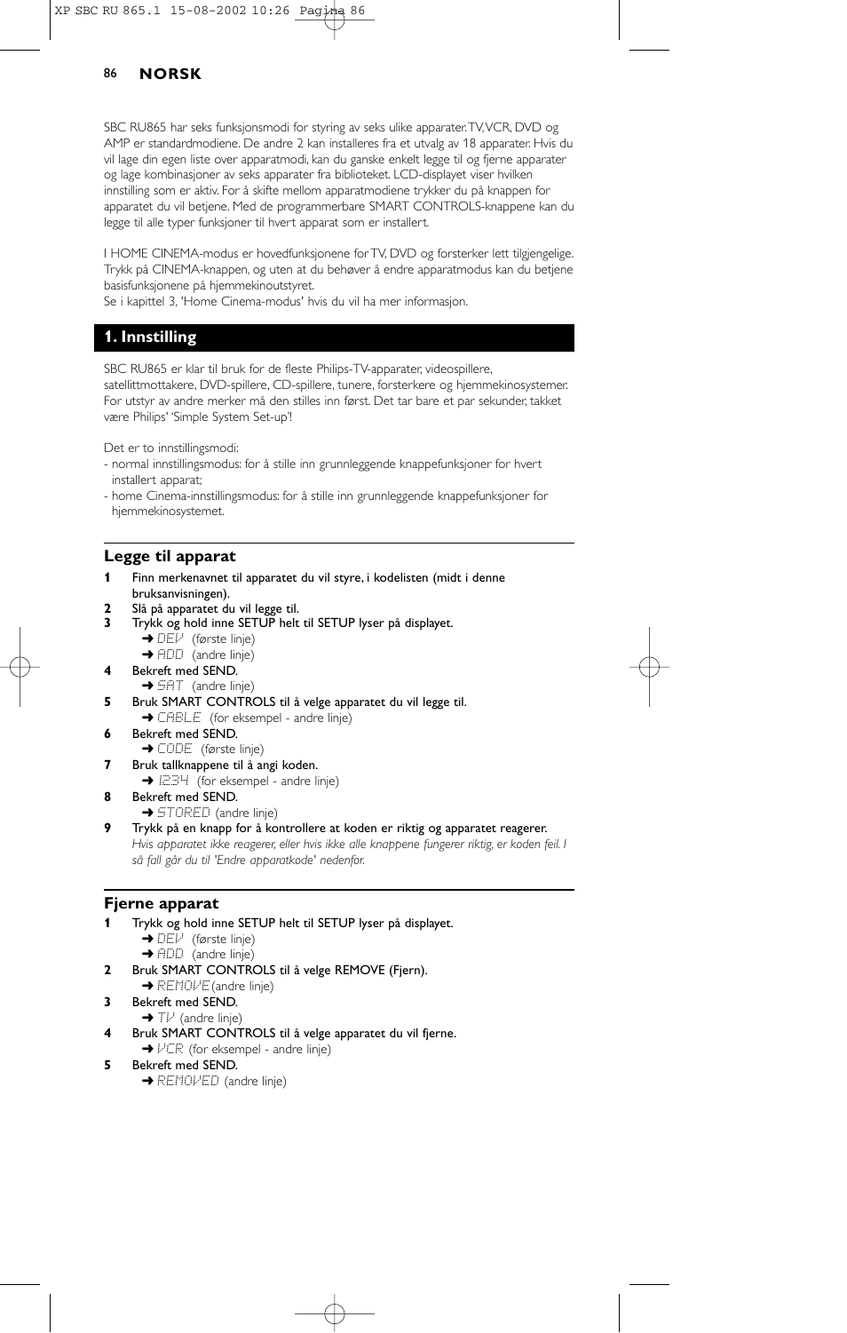 Innstilling, Legge til apparat, Fjerne apparat | Philips SBC RU 865/00 User Manual | Page 94 / 120