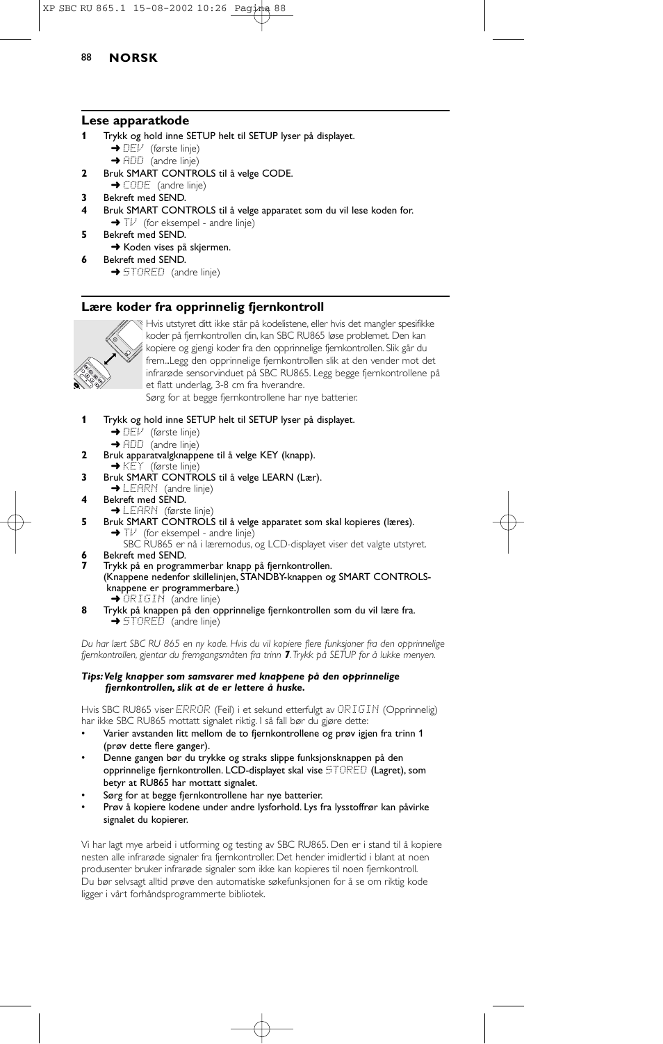 Lese apparatkode, Lære koder fra opprinnelig fjernkontroll | Philips SBC RU 865/00 User Manual | Page 96 / 120