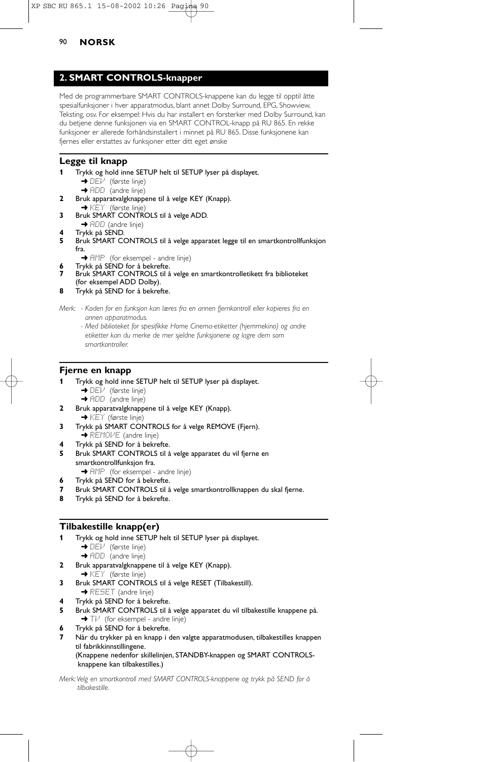 Smart controls-knapper, Legge til knapp, Fjerne en knapp | Tilbakestille knapp(er) | Philips SBC RU 865/00 User Manual | Page 98 / 120