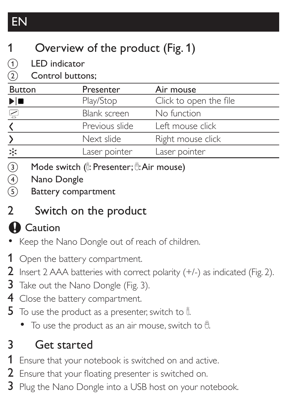 En 1 overview of the product (fig. 1), 2switch on the product, 3 get started 1 | Philips DB100486 User Manual | Page 6 / 9