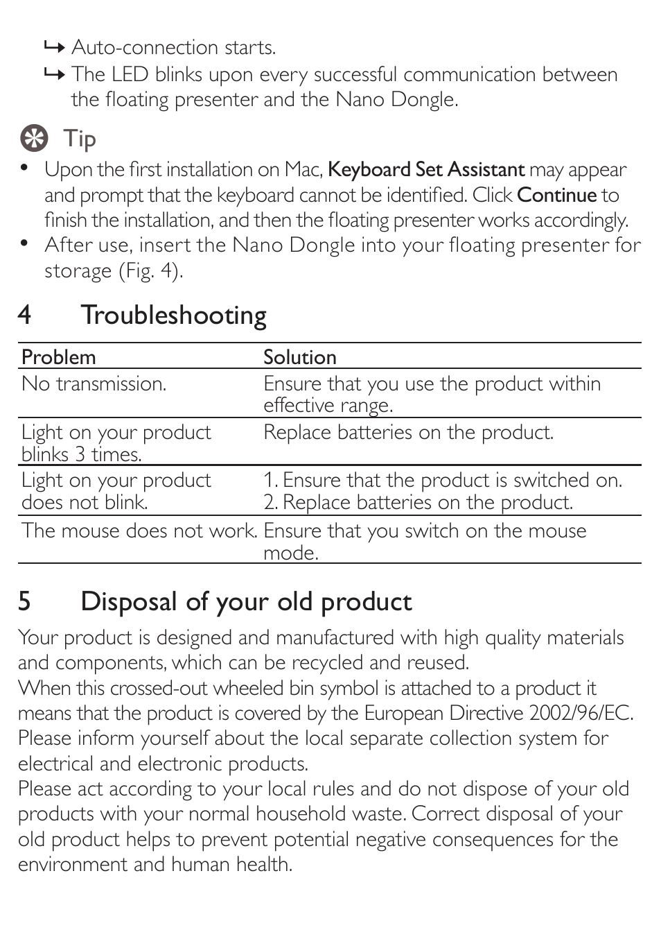 4 troubleshooting, 5disposal of your old product | Philips DB100486 User Manual | Page 7 / 9