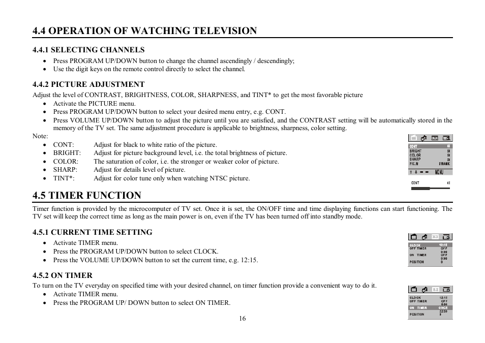 4 operation of watching television, 5 timer function | Hyundai H-TV2102PF User Manual | Page 16 / 49