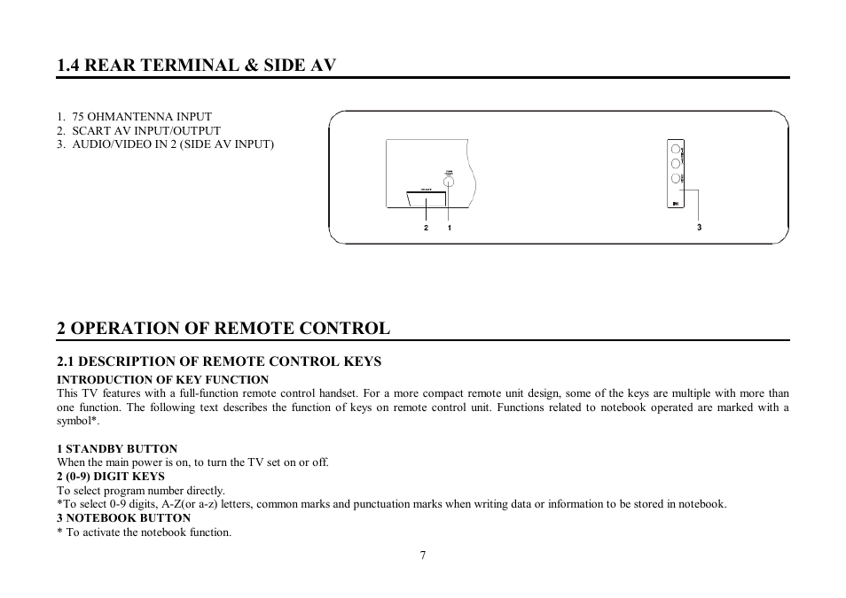 4 rear terminal & side av, 2 operation of remote control | Hyundai H-TV2102PF User Manual | Page 7 / 49