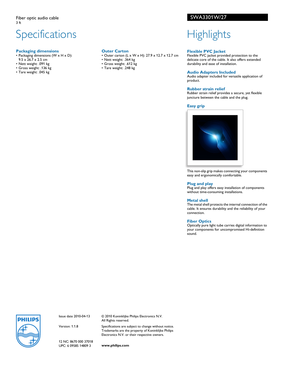 Specifications, Highlights | Philips SWA3301W User Manual | Page 2 / 2