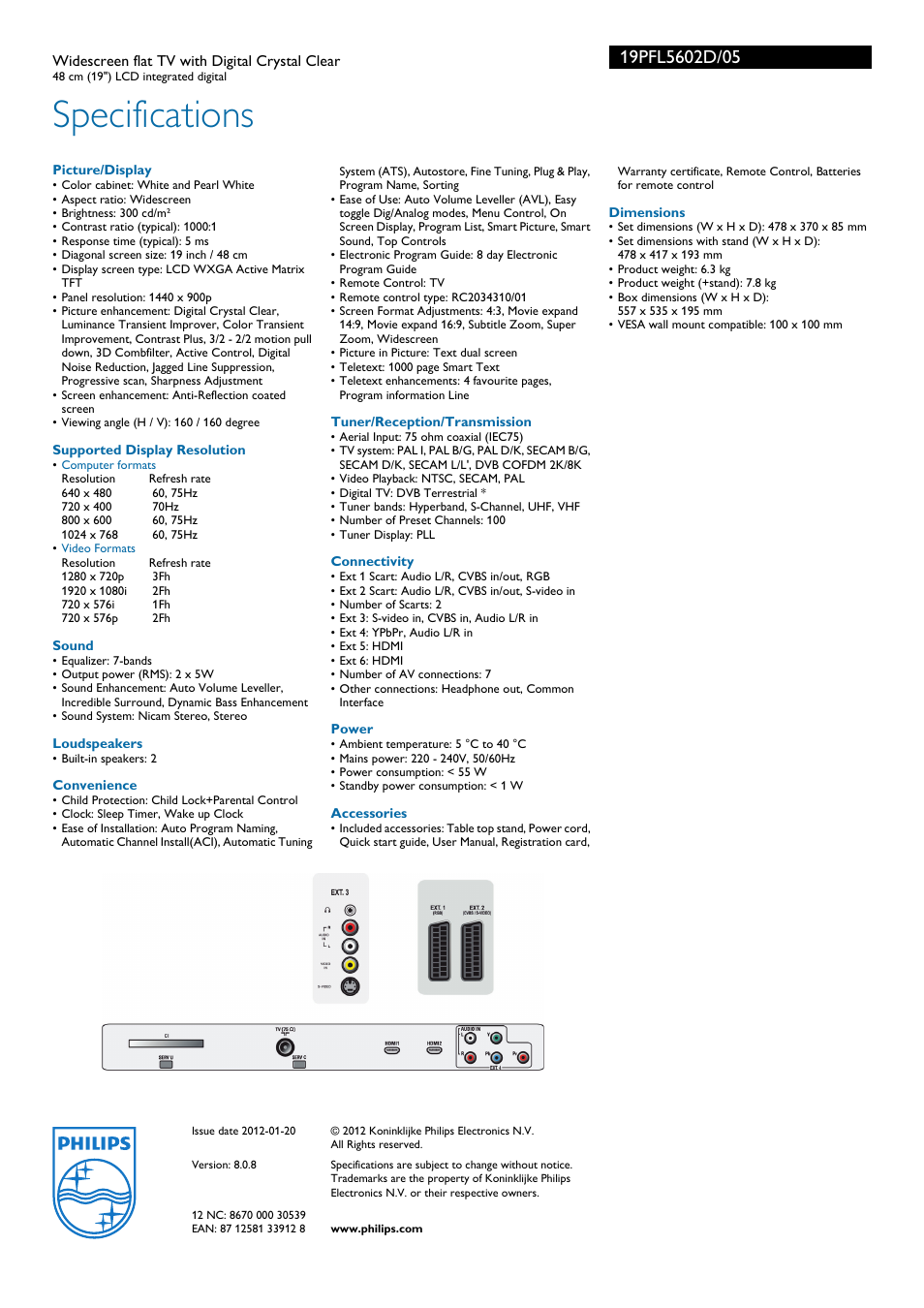 Specifications | Philips 19PFL5602D User Manual | Page 3 / 3