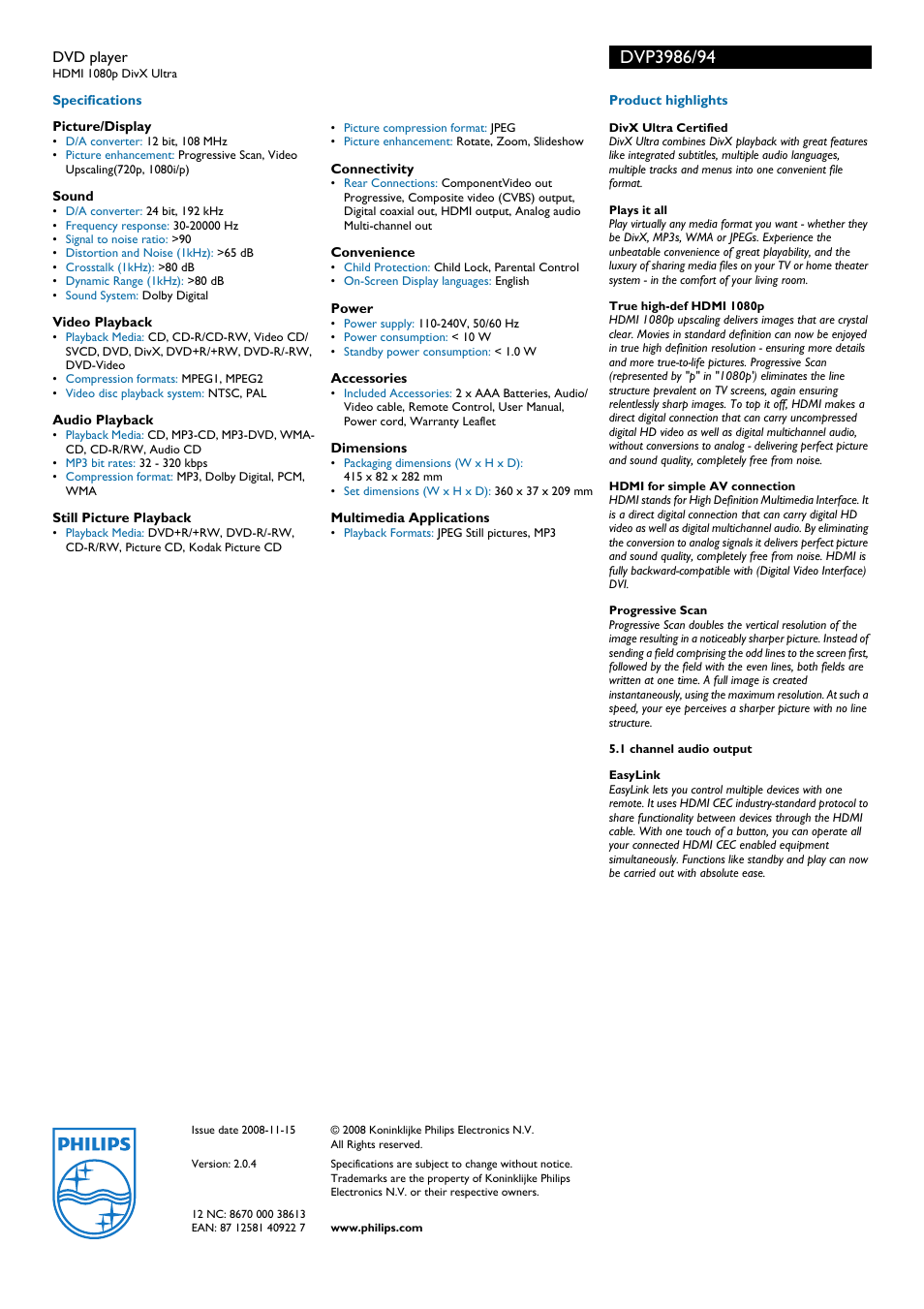 Philips DVP3986 User Manual | Page 2 / 2