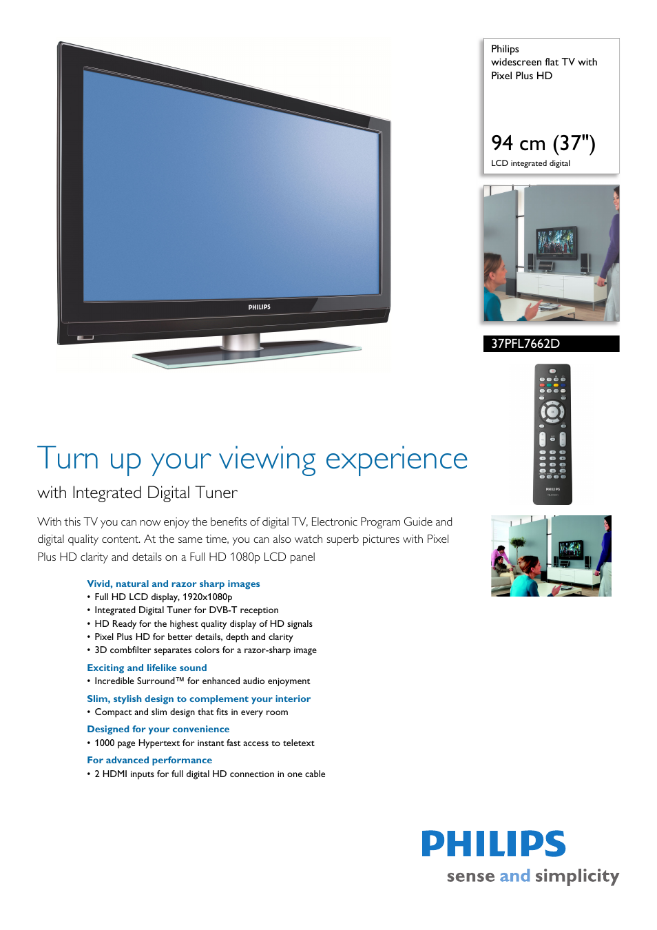 Philips widescreen flat TV 37PFL7662D User Manual | 3 pages
