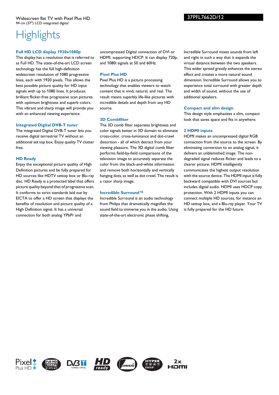 Highlights | Philips widescreen flat TV 37PFL7662D User Manual | Page 2 / 3